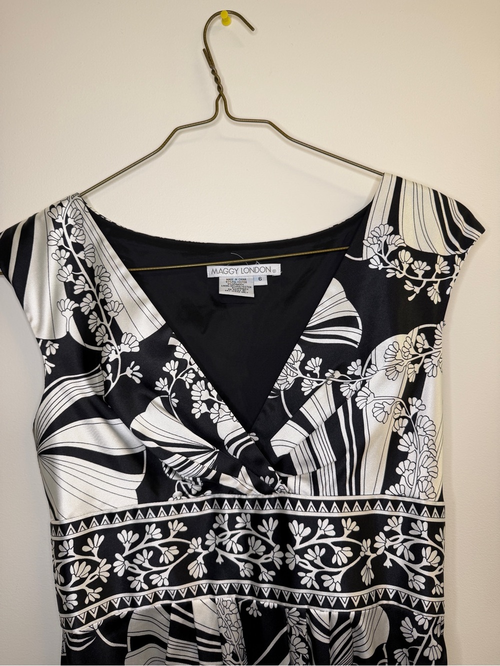 Maggy London Black & White Floral-Stripe V-Neck Midi Dress
